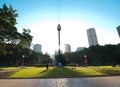 The silhouette view of Sydney tower at Sunset time from St Mary`s Cathedral church. Royalty Free Stock Photo